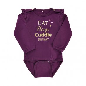 ME TOO Body Langrmet med Flse og Guldprint, Plum Purple